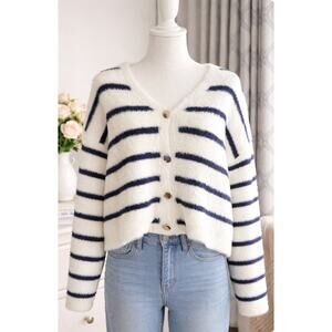 A New Day Medium Ivory Navy Stripe Fuzzy Cardigan Sweater Soft Cozy Button Front